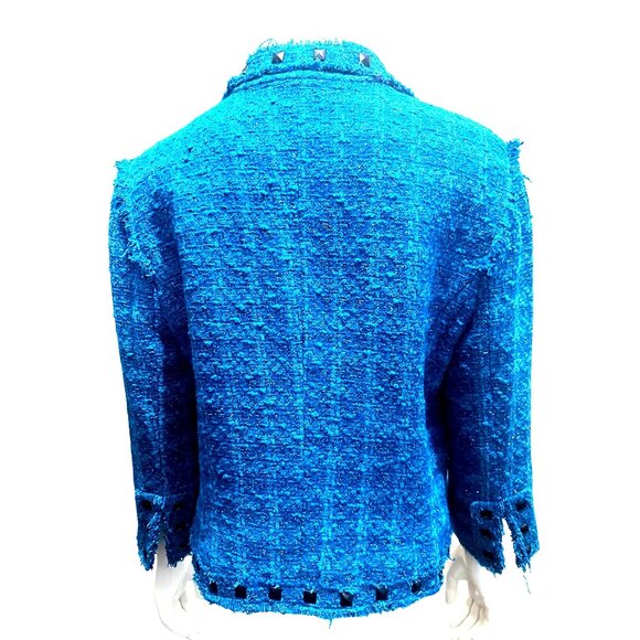 Alberto Makali Size 12 Teal Blue Boucle Studded Cropped Tweed Fringe Blazer Chic - Picture 4 of 11